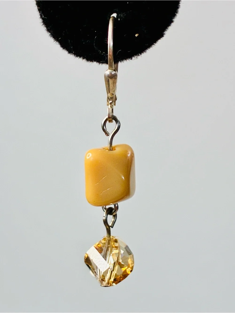 925 Lever-back Caramel Gemstone Bead Drop Earrings with Champagne Crystal Accent